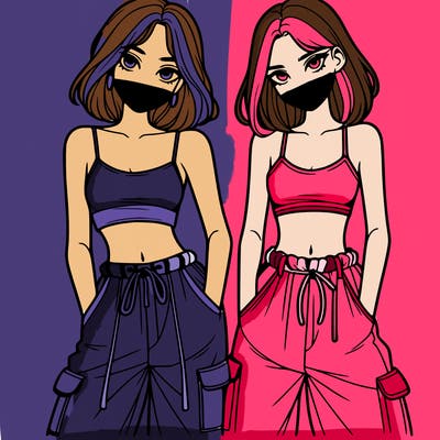 two girls with crop top with baggy pants