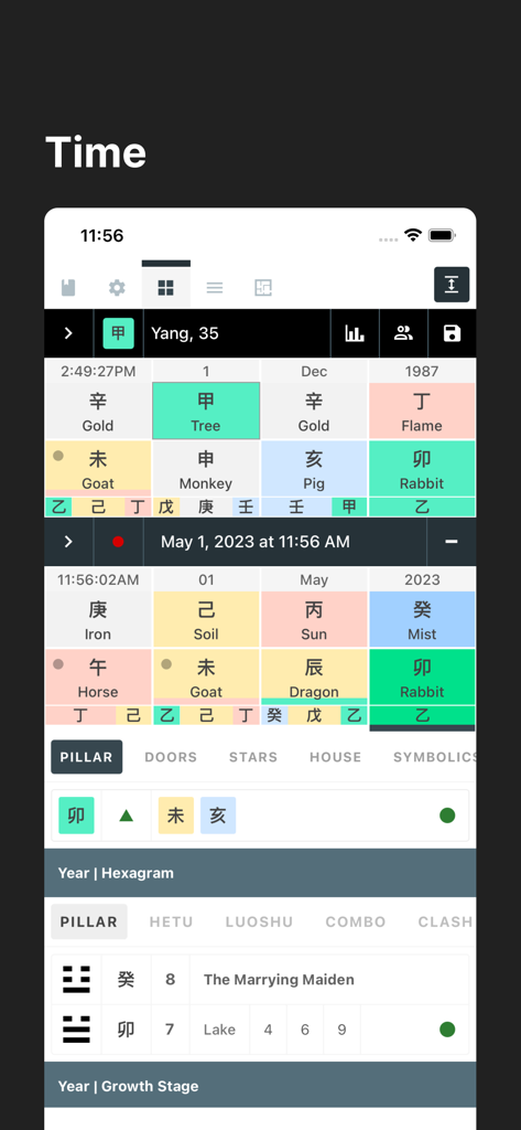 sp8cetime - The sp8cetime mobile app displaying a detailed BaZi time chart with Chinese metaphysical symbols and elements
