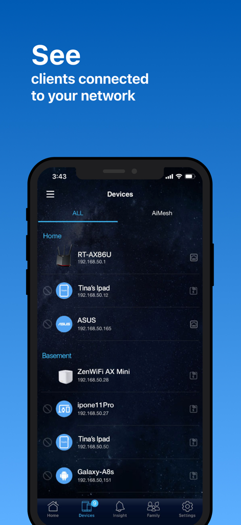 ASUS Router - Un'interfaccia mobile dall'app ASUS Router che mostra un elenco di client connessi alla rete domestica, inclusi telefoni cellulari e tablet.