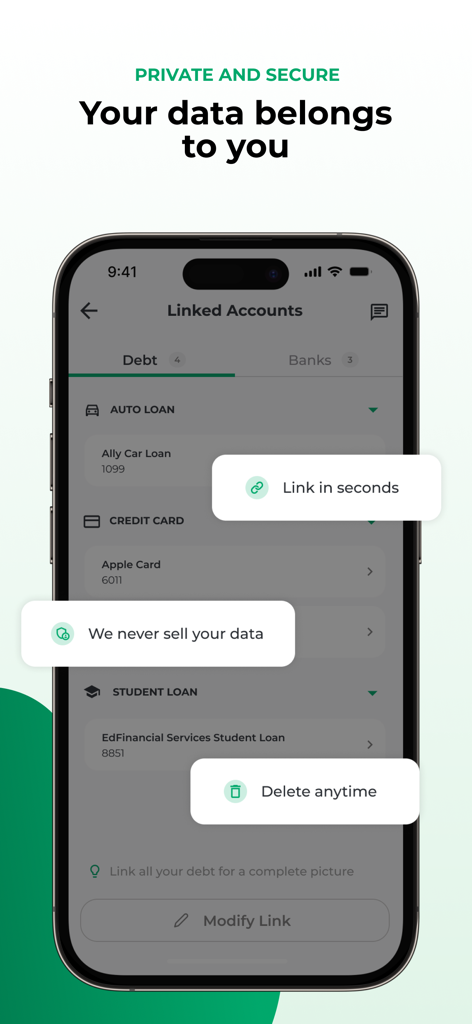 Ditch app interface showing linked debt accounts with a focus on data privacy and security