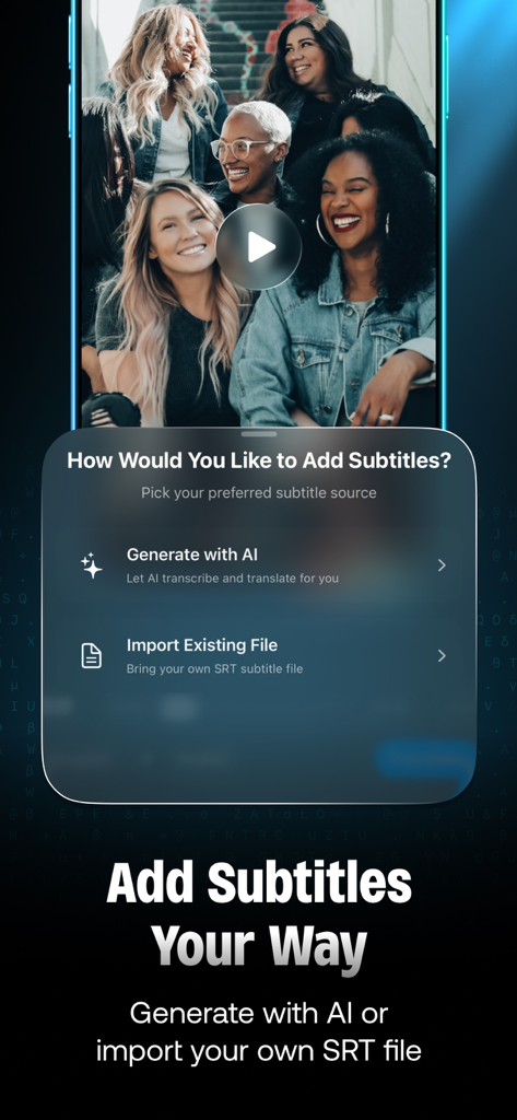 AutoSub - Video Translator - AutoSub app screen showing options to generate subtitles with AI or import an existing SRT file