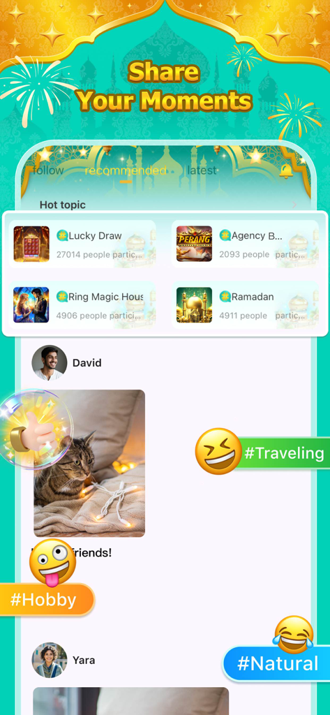 Waky Pro - Una captura de pantalla de la app Waky Pro que muestra el feed Comparte tus momentos con publicaciones de usuarios y temas candentes.