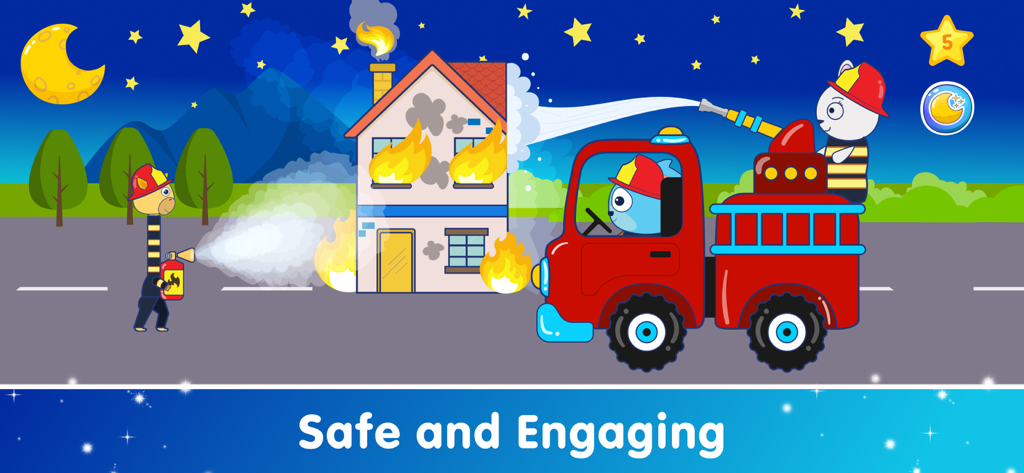 Kids Car Games for Toddlers - 幼児向けの安全で魅力的な知育ゲームで、消防士の格好をした動物のキャラクターが赤い消防車で家の火を消している様子。