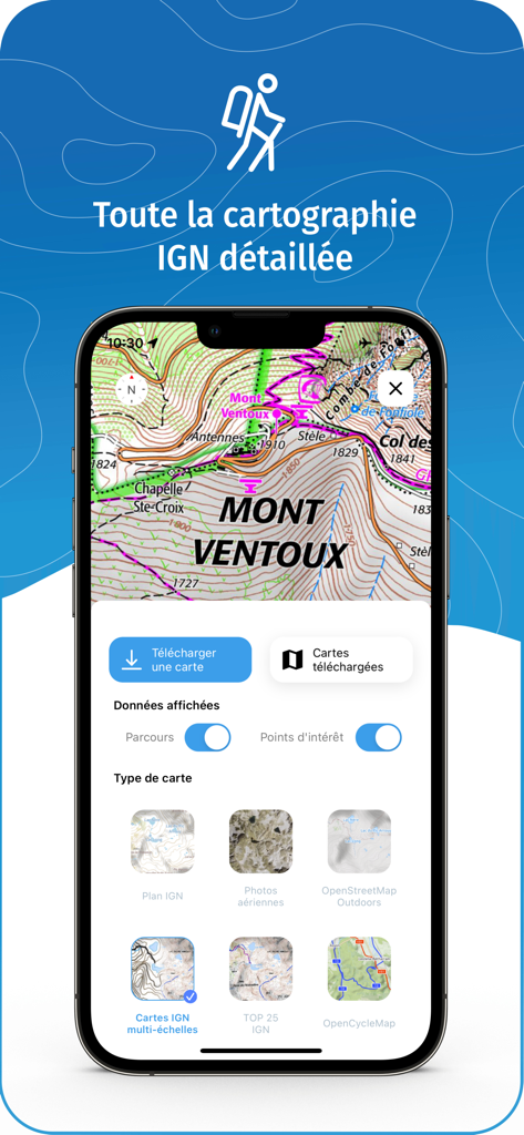 WeTrek mobile app interface showing a detailed IGN topographical map of Mont Ventoux and various map layer options