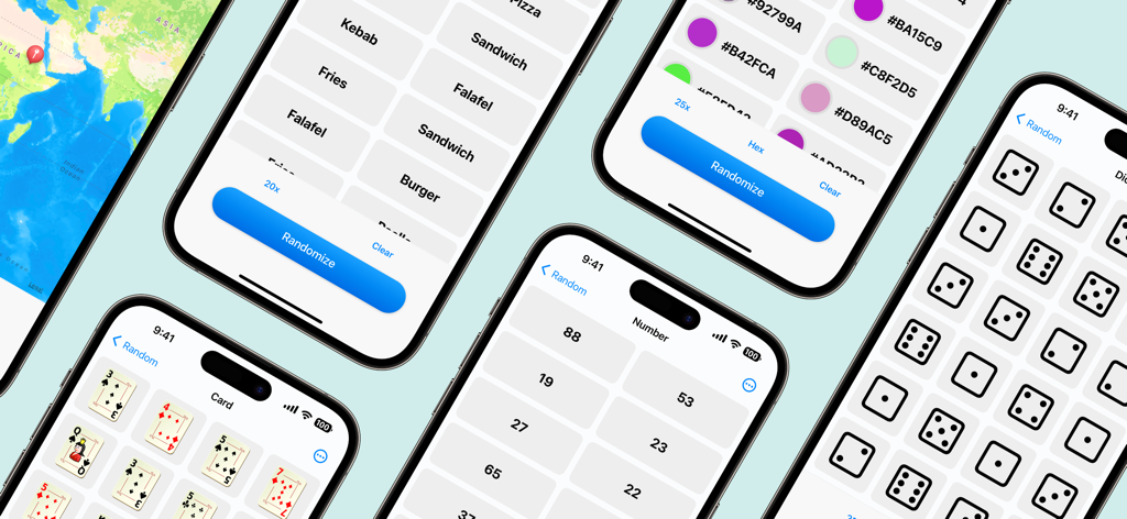 Random Number Generator. RNG - Une présentation des différentes fonctionnalités de l'application, y compris des dés, des cartes, des nombres et des générateurs de couleurs sur écrans mobiles.