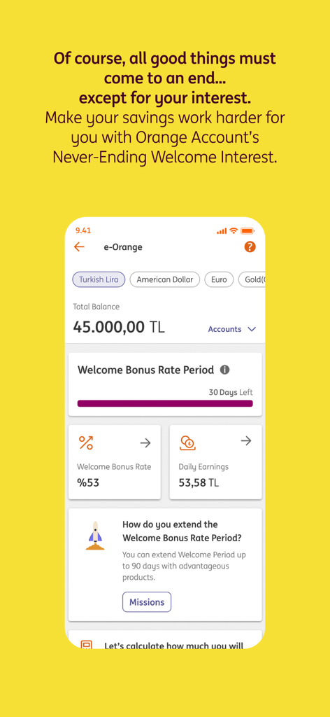 ING Mobil - Die e-Orange-Kontooberfläche der ING Mobil App zeigt einen Kontostand von 45000 TL und Informationen zu täglichen Zinserträgen an