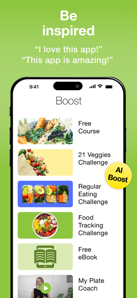 Food Diary See How You Eat Log - Interfaz de la aplicación Food Diary que muestra varios desafíos de alimentación saludable y recursos de coaching de nutrición.