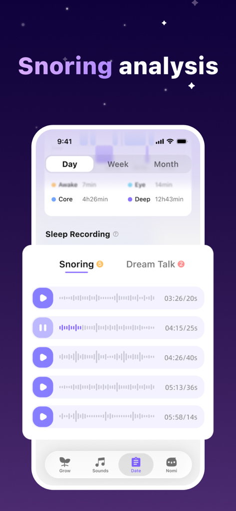 Otter Sleep-Sleep Tracker - Otter Sleep app interface displaying snoring analysis with sleep recordings and sleep stage data graph