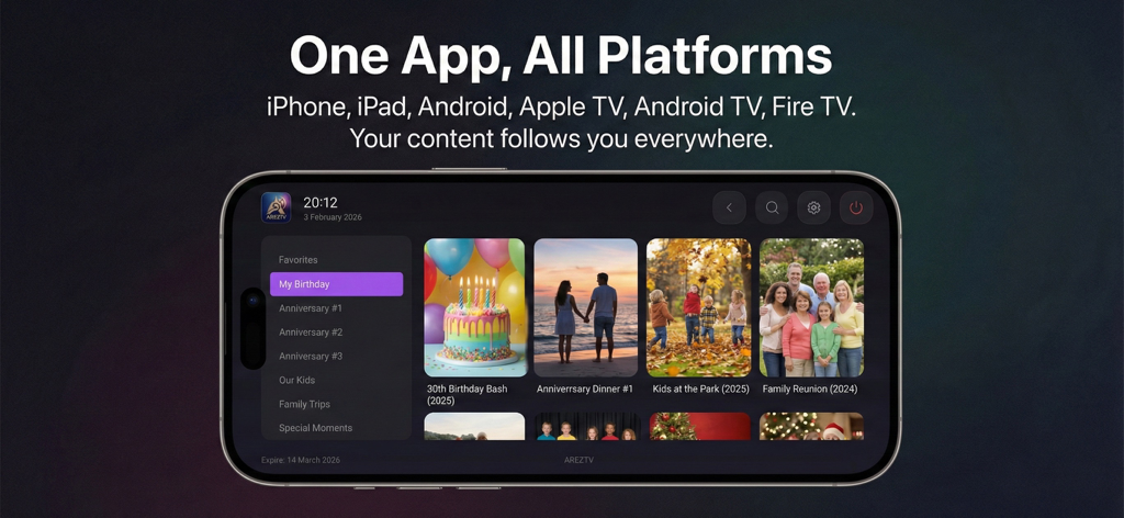 AREZTV IPTV Media Player interface shown on a smartphone with cross platform availability text