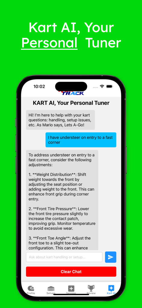 Una interfaz de chat que muestra Kart AI proporcionando consejos de ajuste mecánico para el subviraje en las carreras de karts