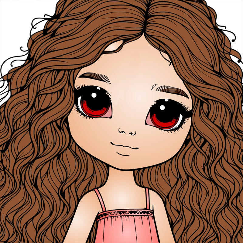 a close up of realistic looking little girl with curly long hair and doll like appearance