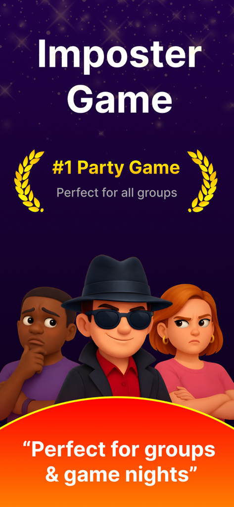 Imposter Up - Who is the Spy? - Intro screen for Imposter Up party game featuring cartoon characters and game night recommendation.