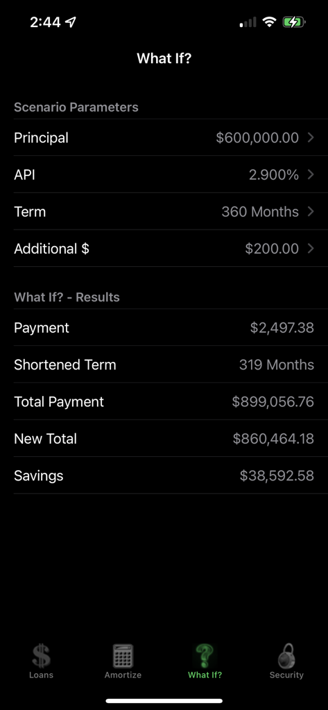 iLoan 앱의 '만약에' 계산기 화면으로 추가 원금 지불로 인한 잠재적 절약액을 보여줍니다.