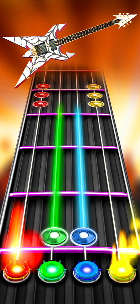 Rhythm gameplay screen in Guitar Band Rock Battle showing colored notes on a guitar fretboard and a star shaped electric guitar