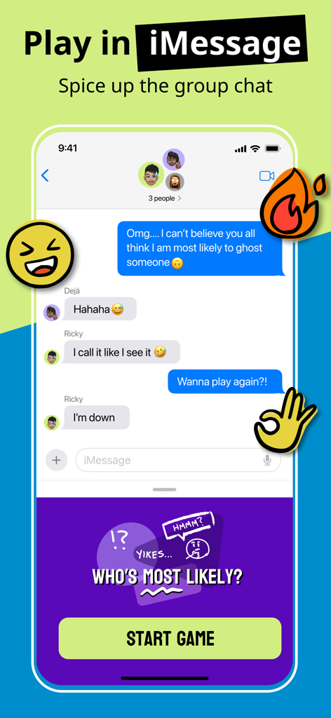Roasted: Exposed 2 Party Lab - Screenshot of Roasted Who's Most Likely game integrated into an iMessage group conversation.