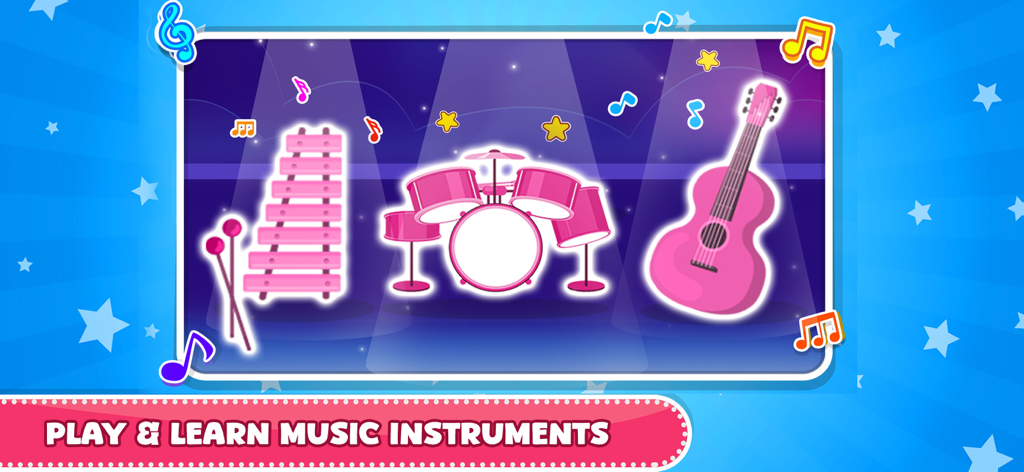 Simple Piano Songs Music Games - A selection of pink musical instruments including a xylophone, drums, and guitar for kids to play and learn