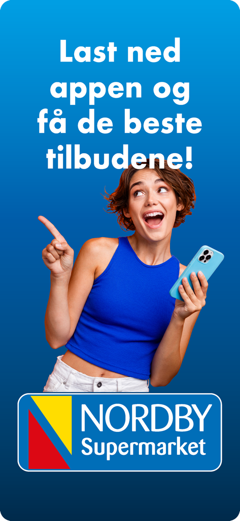 Eine Frau hält ein Smartphone und zeigt auf einen Text, der für die besten Angebote in der Nordby Supermarkt App wirbt
