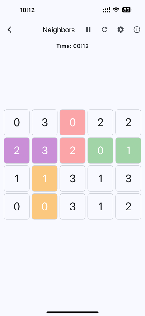 Puzzle Master - Brain Training - Gameplay screenshot of the Number Neighbors logic puzzle featuring a minimalist grid with colored numbered squares and a timer.