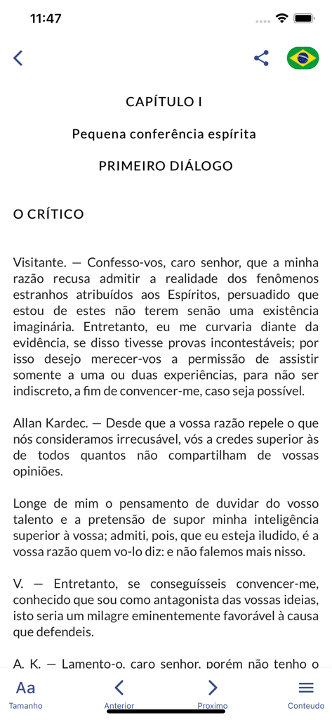 Kardecpedia - A digital book page within the Kardecpedia app showing a philosophical dialogue in Portuguese.