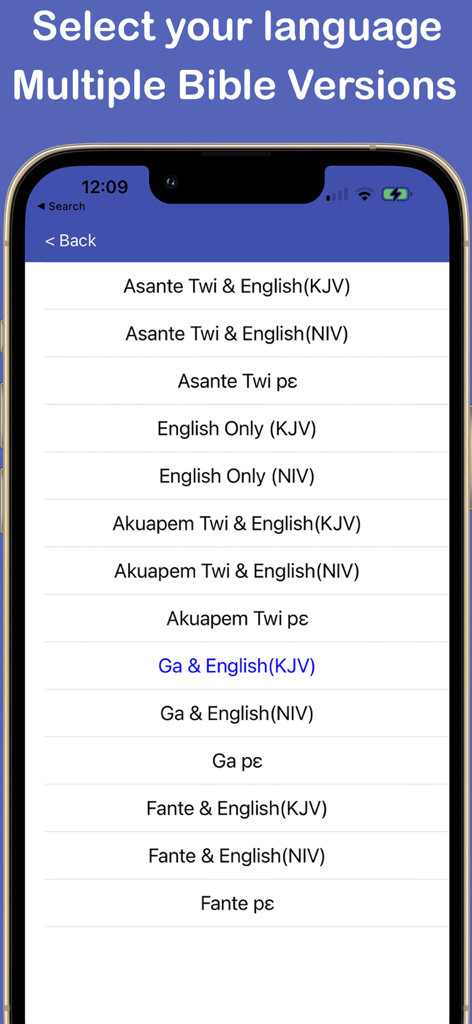 Language and Bible version selection menu showing options for Asante Twi, Akuapem Twi, Ga, Fante, and English in KJV and NIV.