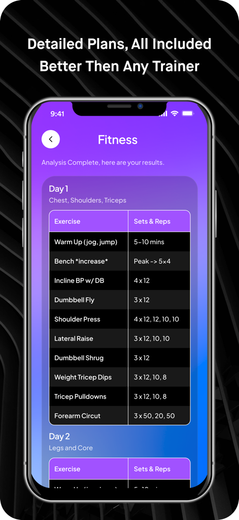 YouGlow: AI Glow-Up Coach - Interface of the YouGlow app displaying a detailed daily fitness workout plan for chest and shoulders