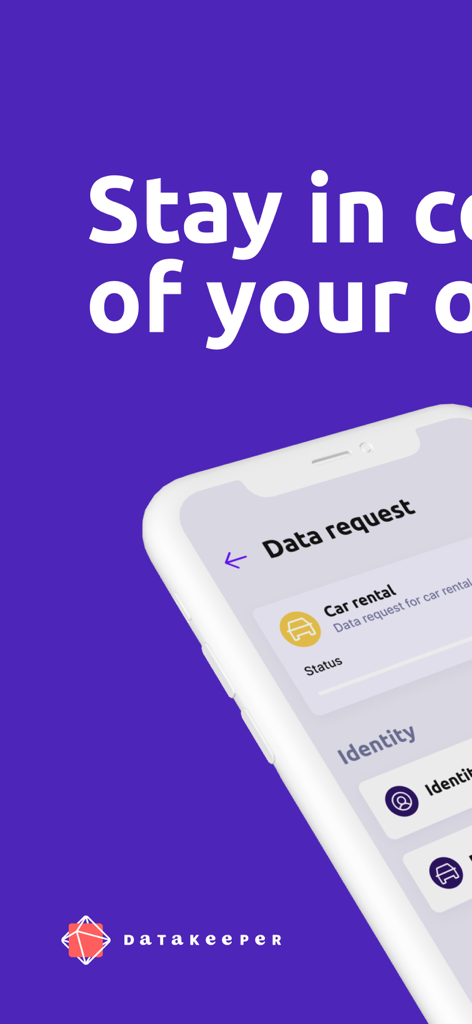 Datakeeper - 紫色の背景のDatakeeperアプリ内で、車のレンタルデータリクエストを表示するスマートフォン