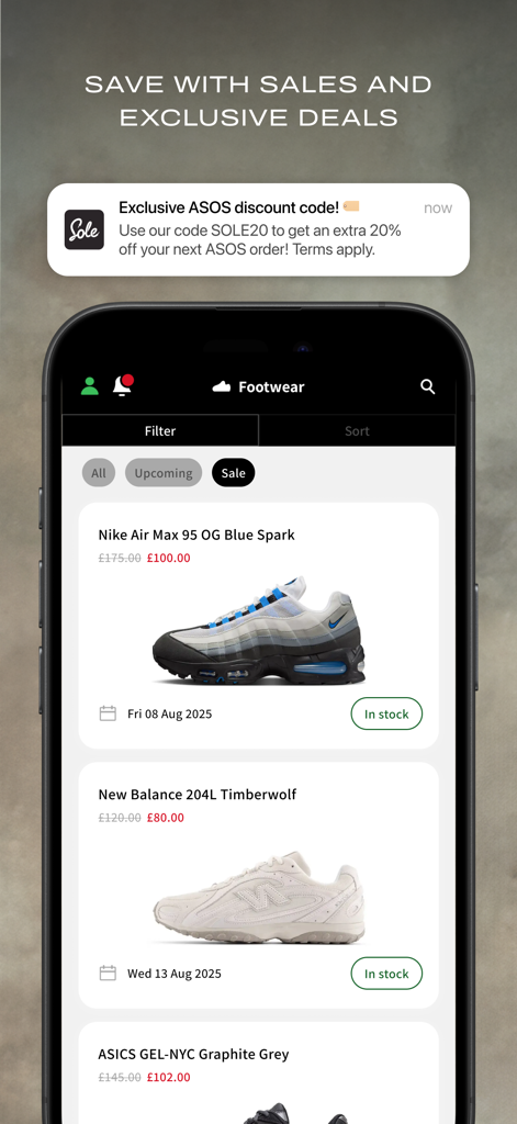 The Sole Supplier app showing sneaker sale prices for Nike and New Balance with an exclusive ASOS discount code notification