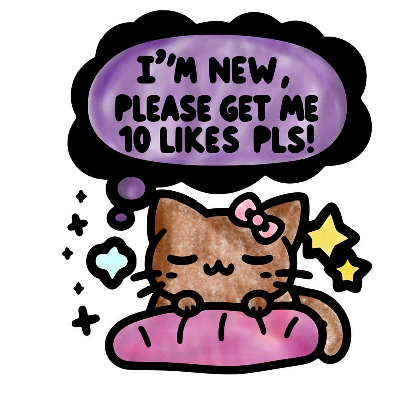 kitty taking a nap dream talking and saying "i'm new, please get me at least 10 likes pls!!"
