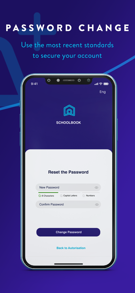 Interfaz de restablecimiento de contraseña de la aplicación SchoolBook con criterios de seguridad