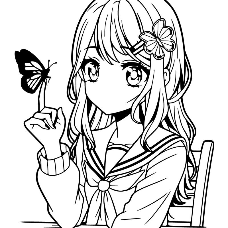 girl with a butterfly on her finger in anime