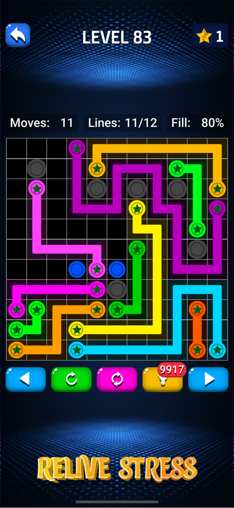 Connect Dots: Color Matching - A gameplay screenshot of Connect Dots Color Matching showing a puzzle grid with various colorful lines connecting matching dots.