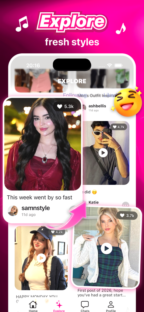 Daphne - Chat & Social - Page d'exploration de l'application sociale Daphne montrant un flux organisé de tenues publiées par les utilisateurs et de styles de mode tendance.