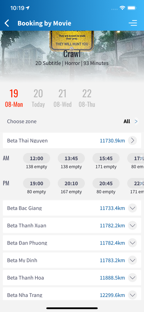 Beta Cinemas mobile app interface displaying movie showtimes and seat availability for several cinema locations.