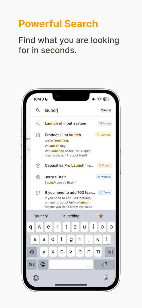 Capacities – Notes & PKM - Ein Smartphone, das die Capacities App-Suchoberfläche mit Ergebnissen für den Begriff Launch in Bildern, Projekten und Tweets zeigt