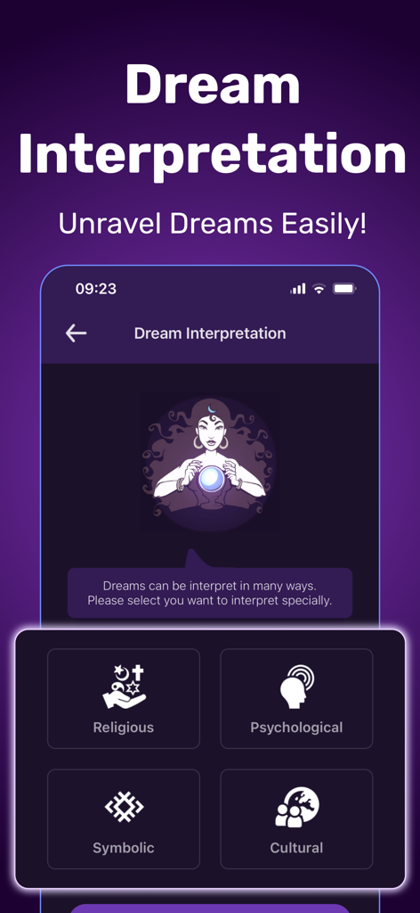 Dream interpretation feature showing religious, psychological, symbolic, and cultural analysis categories.
