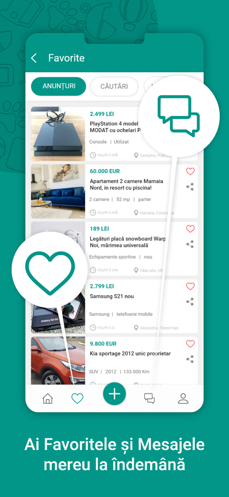 Lajumate.ro - Anunturi Romania - Interface de l'application Lajumate affichant les annonces favorites enregistrées pour l'immobilier et les voitures en Roumanie
