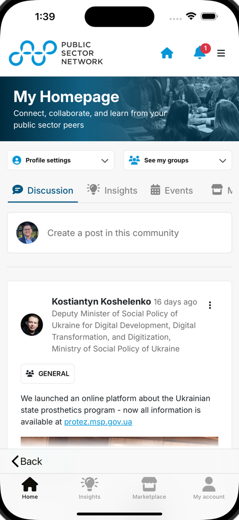 Homepage of the Public Sector Network app showing a professional discussion feed for government professionals