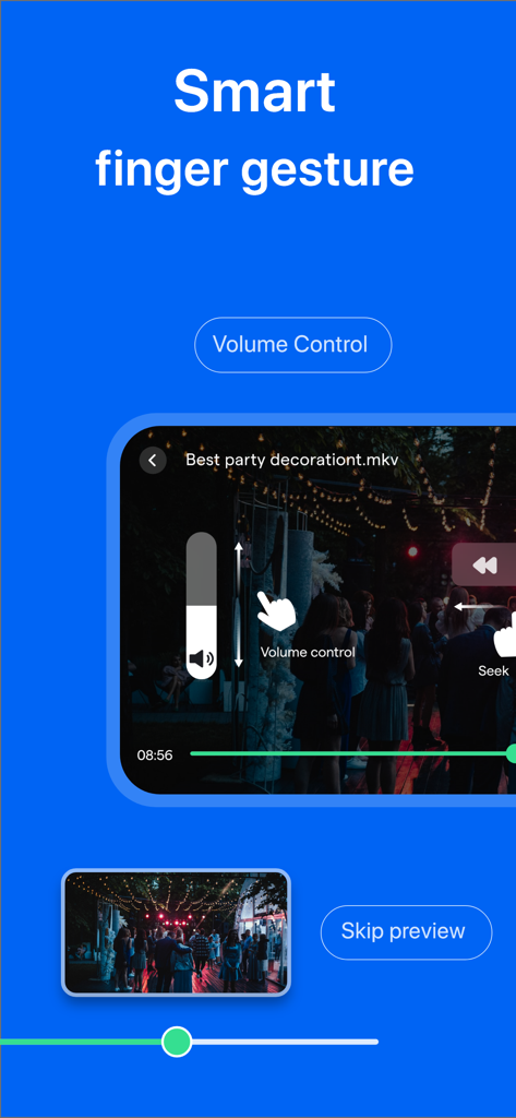 MX Player - Media Video Player - MX Player interface showing smart finger gesture for volume control during video playback.