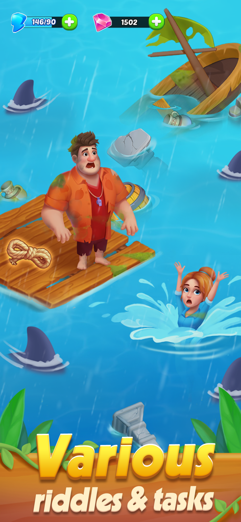 Horizon Island: Farm Adventure - Karl en una balsa intentando rescatar a Lara de un océano infestado de tiburones en una tormenta