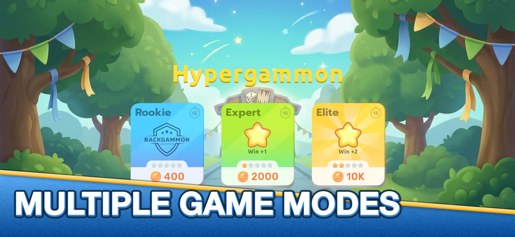Ein Bildschirm zur Auswahl des Spielmodus für Hypergammon mit den Stufen Rookie, Experte und Elite sowie den entsprechenden Münzbelohnungen