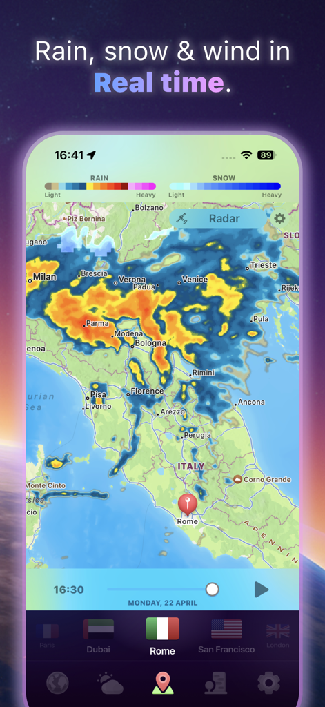 WeatherNOW: Forecast Radar Map - WeatherNOW app displaying a live weather radar map with real time rain and snow data