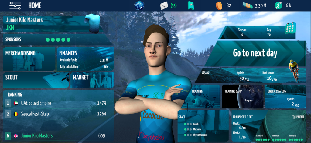 Home screen of Live Cycling Manager 2024 showing the team management dashboard and menu options