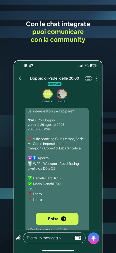 Wansport - Wansport app interface showing the integrated community chat and padel match booking details