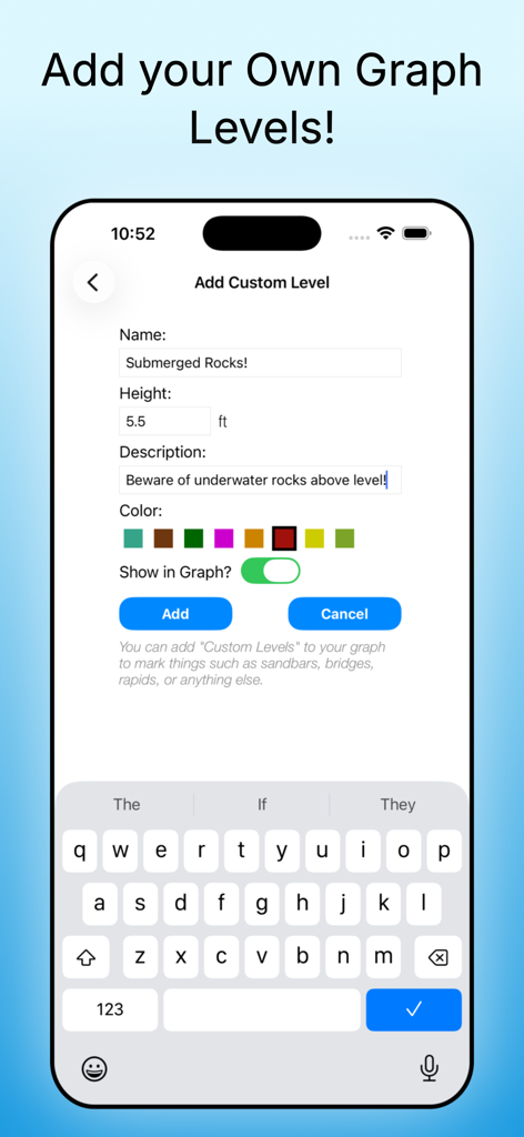 Rivercast app interface showing how to add a custom river level for submerged rocks with height and color options.