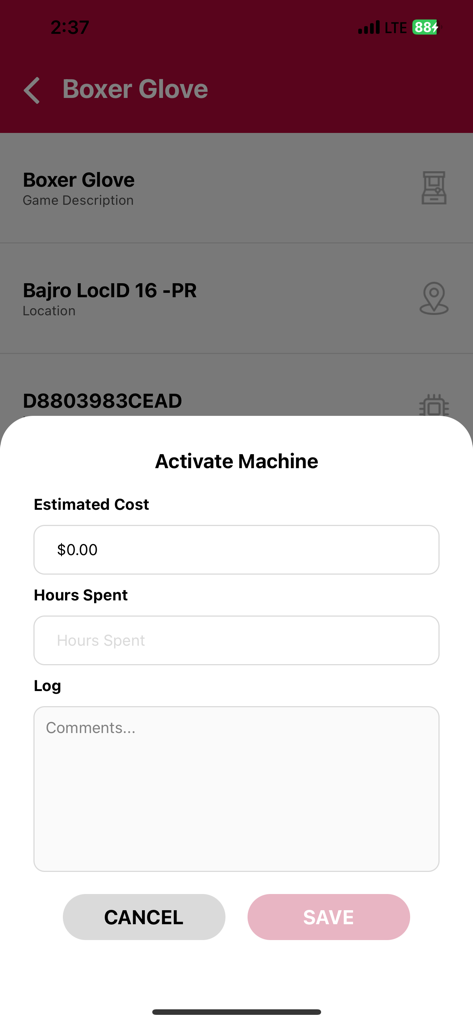 Intercard iService App - A technician interface in the Intercard iService app showing the Activate Machine modal with fields for estimated cost, hours spent, and service logs.