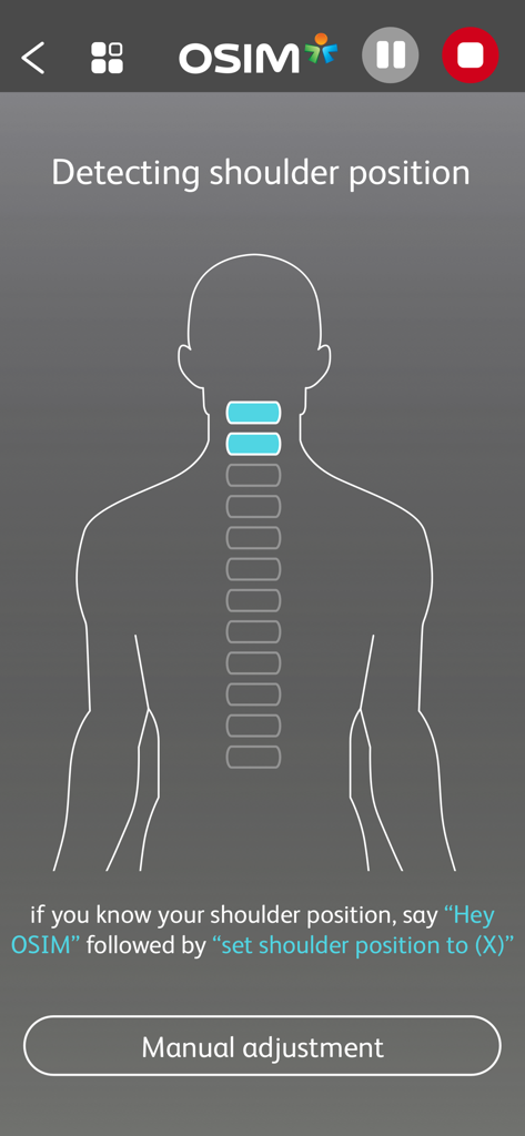OSIM uLove 2 - A mobile app interface from OSIM uLove 2 detecting shoulder position with options for voice control and manual adjustment