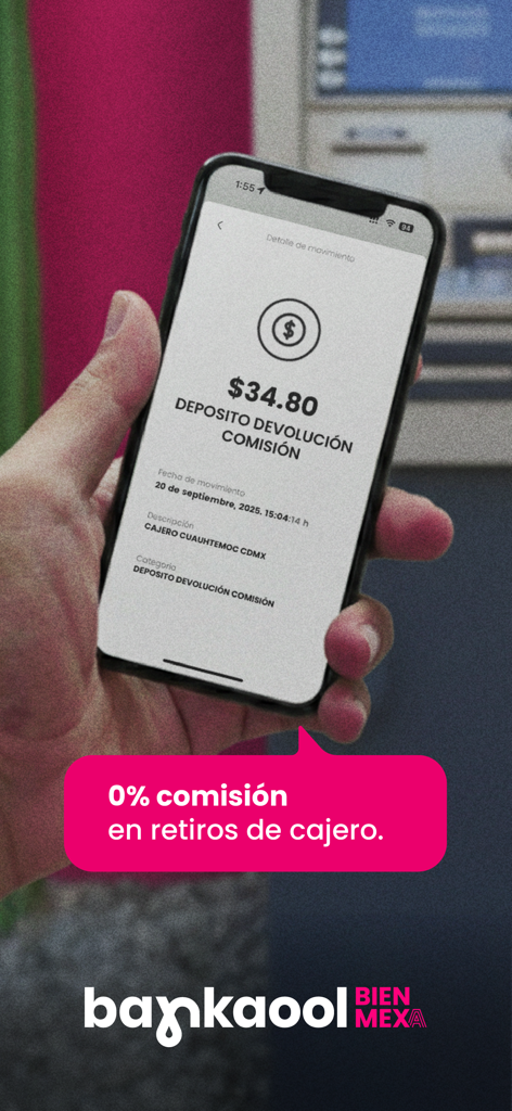 Bankaool Móvil - A person holding a smartphone showing a commission refund deposit from Bankaool with text in Spanish stating zero commission on ATM withdrawals