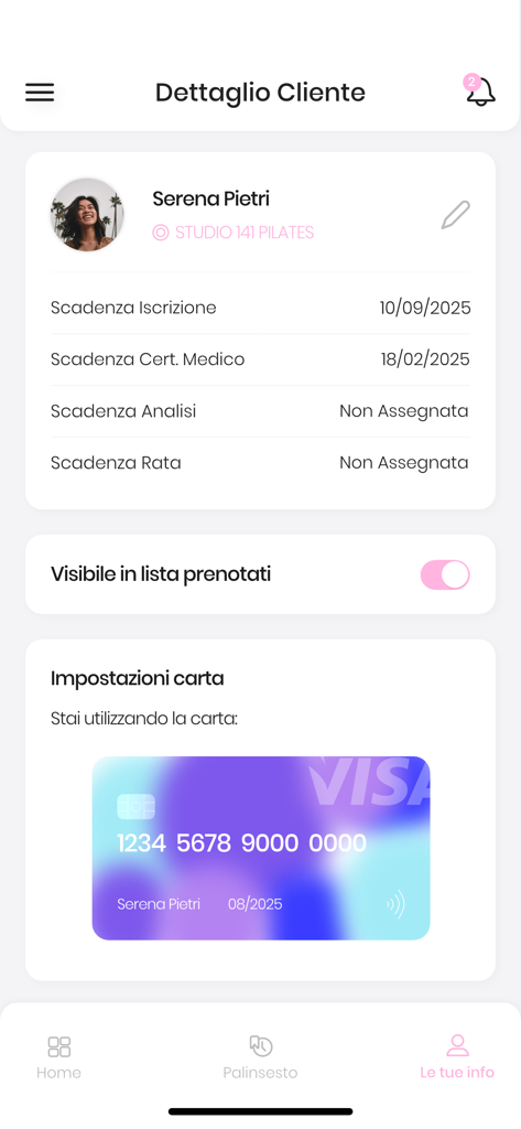 STUDIO 141 PILATES - Schermata del profilo utente dell'app Studio 141 Pilates che mostra lo stato dell'abbonamento e le informazioni sulla carta di pagamento.