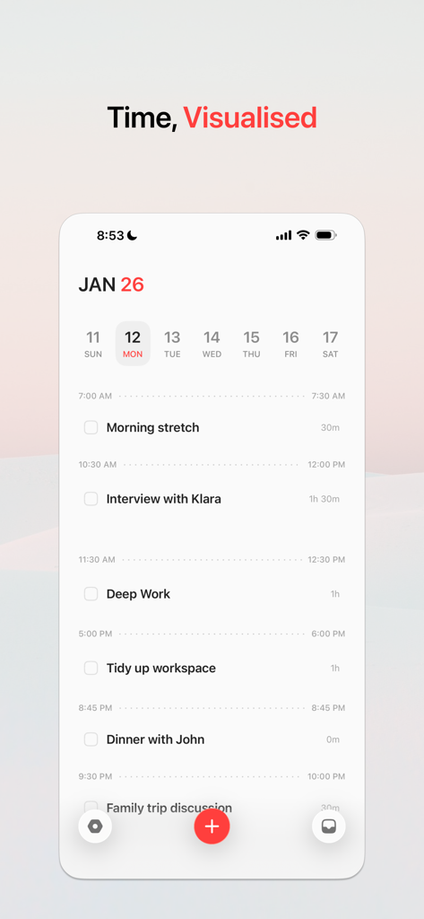 Momento - Planner - Minimalist daily schedule in the Momento app showing a visual timeline of activities with start and end times