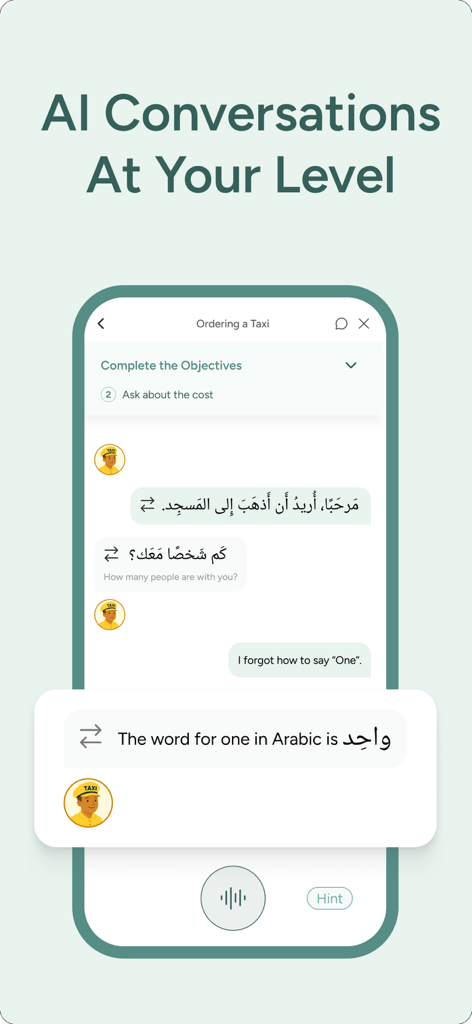 Takallam AI - Takallam AI app interface featuring an interactive Arabic conversation lesson about ordering a taxi with AI feedback.